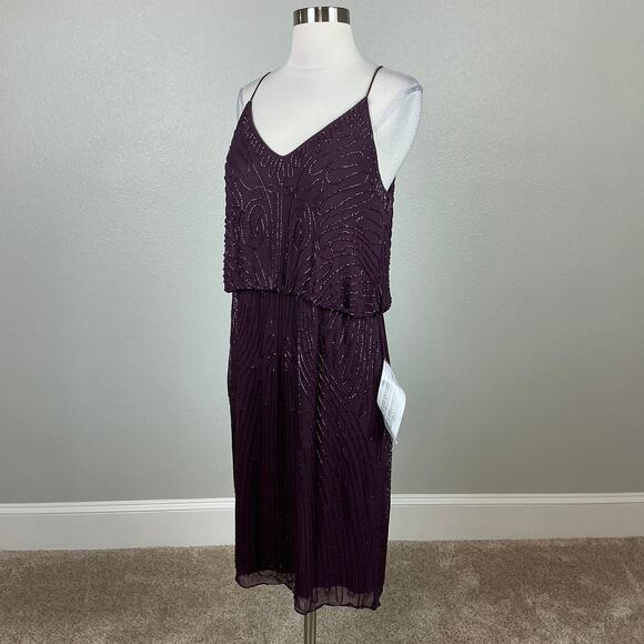 J Kara Beaded Chiffon Sleeveless Midi Sheath Cocktail Dress Purple Size 10 - Picture 5 of 12